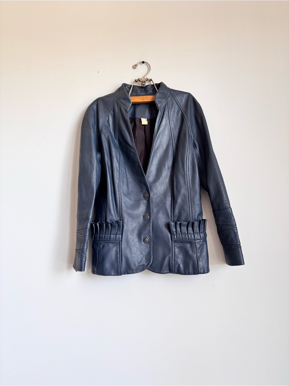 Vintage Gray Leather Blazer Jacket Pleated Peplum Back Ruffle Pockets 12 USA